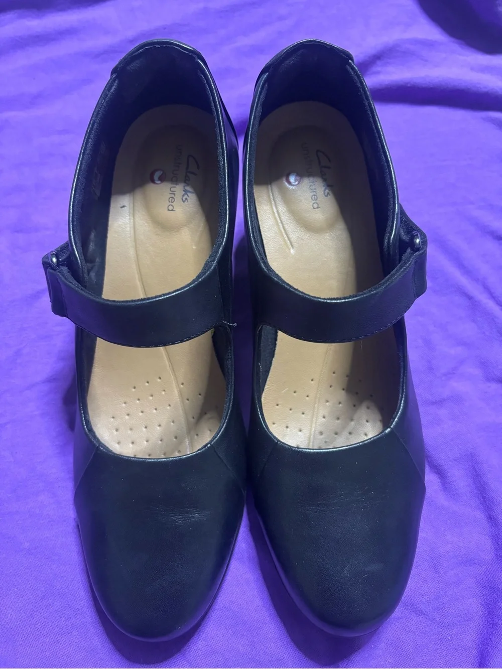 Clarks Black Leather Block Heel Mary Jane with Ankle Strap